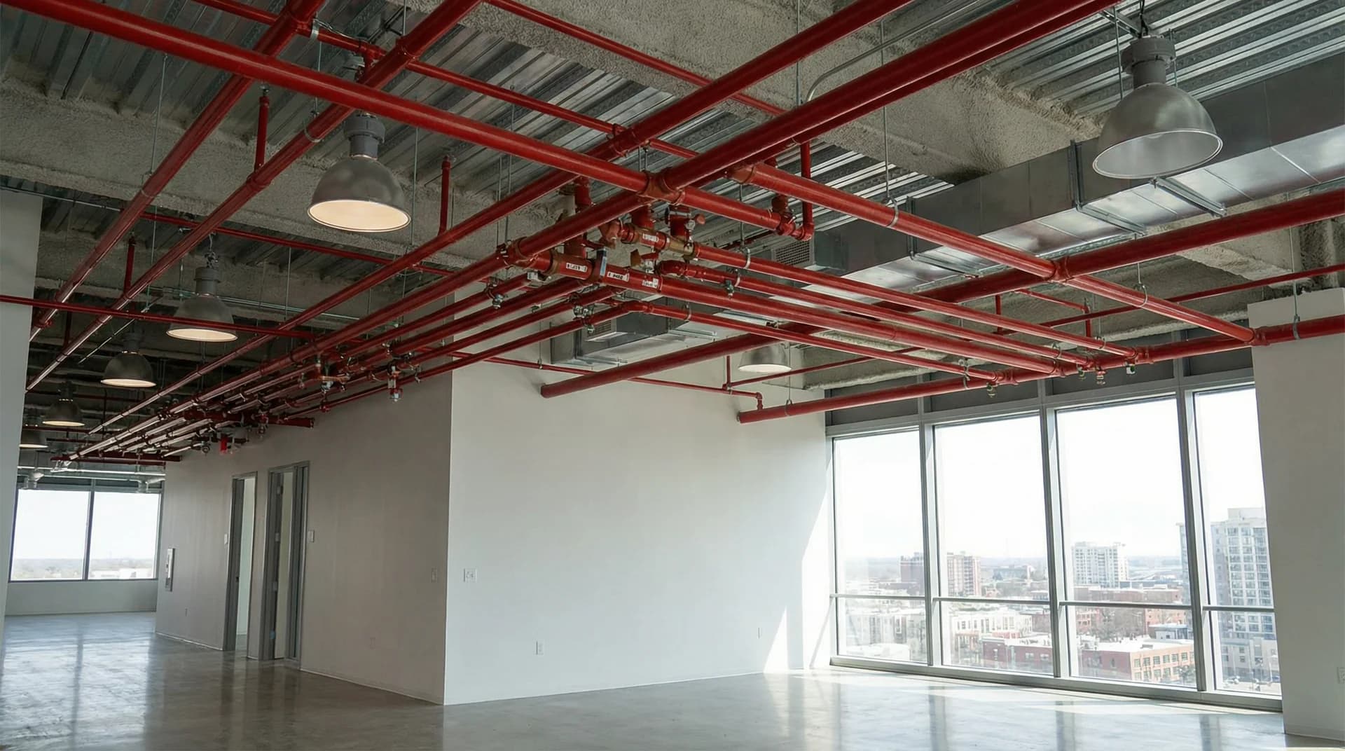 Completed fire sprinkler system installation in commercial building